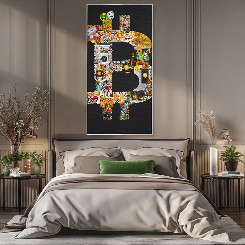 Tablou canvas cu tablou canvas cu simbolul bitcoin din colaje, in rama de aluminiu argintiu, pe perete intr-un dormitor